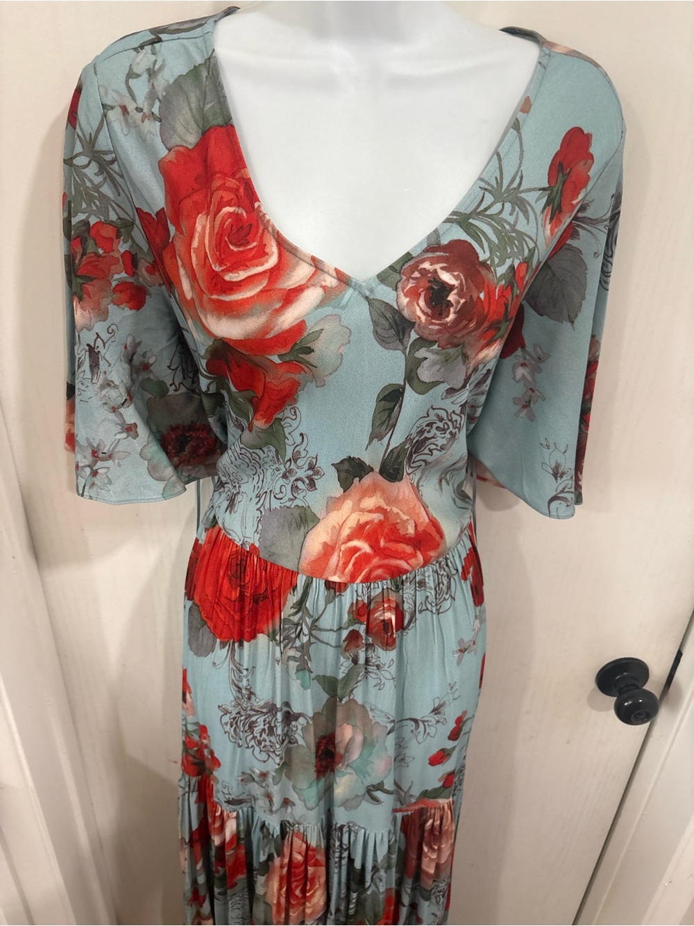 Soft Surroundings Light Blue Maxi Dress with Red Floral Print - Picture 6 of 10
